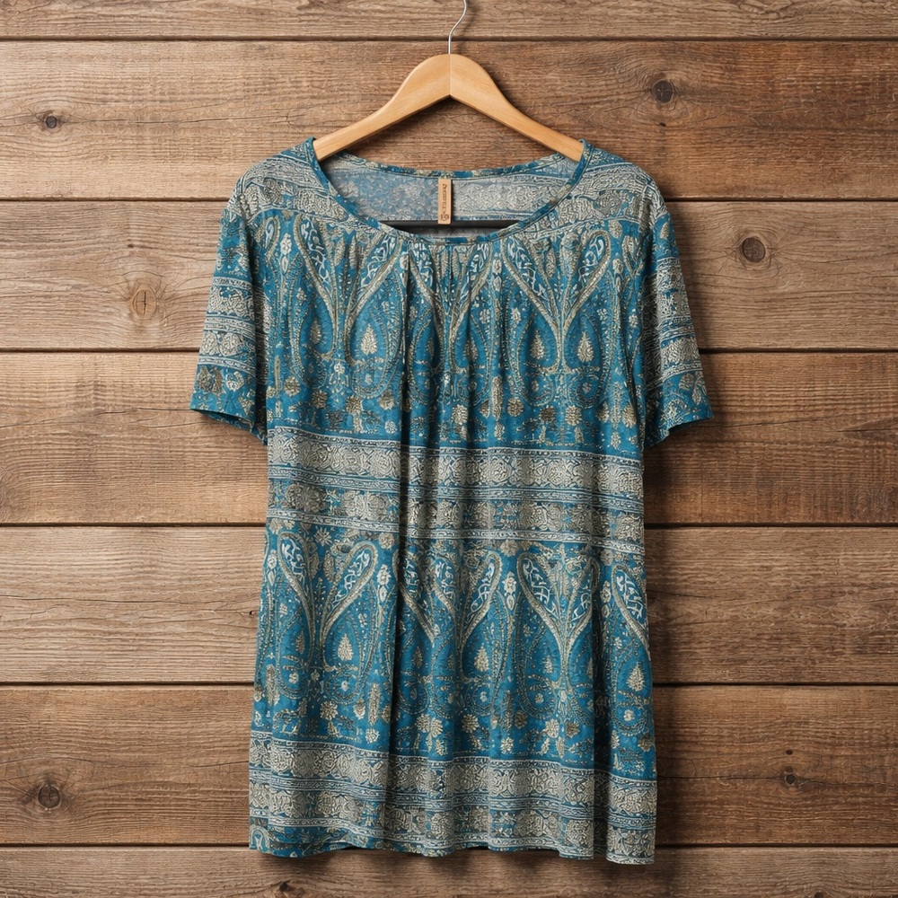 Anymeet 3XL Boho Paisley Short-Sleeve Rayon Spandex Top in Teal Tan Black